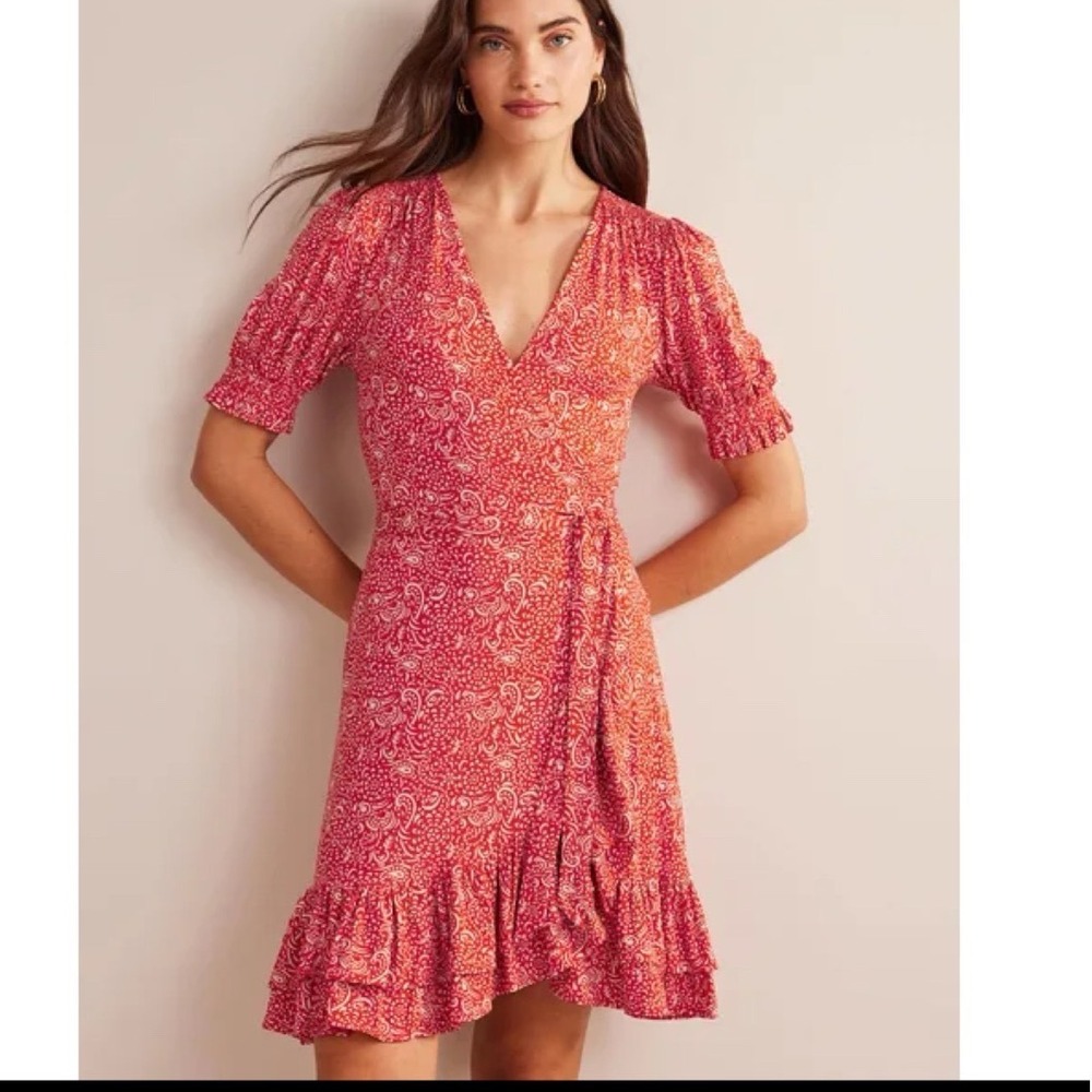 BODEN Ruffle‎ Wrap Jersey Mini Dress Red paisley Size 8R